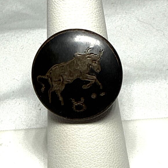 Vintage Taurus Sterling Zodiac Sign Ring Black Brass Engraved Bull Astrology Jew - Picture 11 of 13